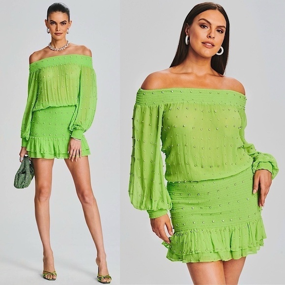 NWT RETROFETE Silk Chiffon Crystal Accent Off Shoulder Smocked Ruffle Dress L - Picture 1 of 14